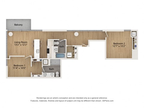 Floor plan for 2 beds, 2 baths, 1000 sqft
